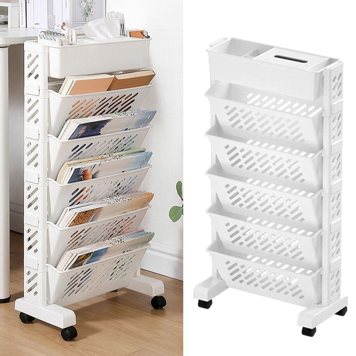 Movable Bookshelf Large Capacity Rotatable Removable Plastic Practical Rolling Organization Shelf 6 Layer