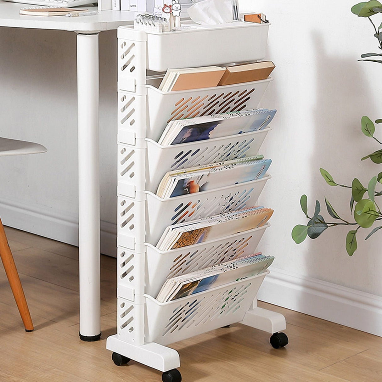 Movable Bookshelf Large Capacity Rotatable Removable Plastic Practical Rolling Organization Shelf 6 Layer