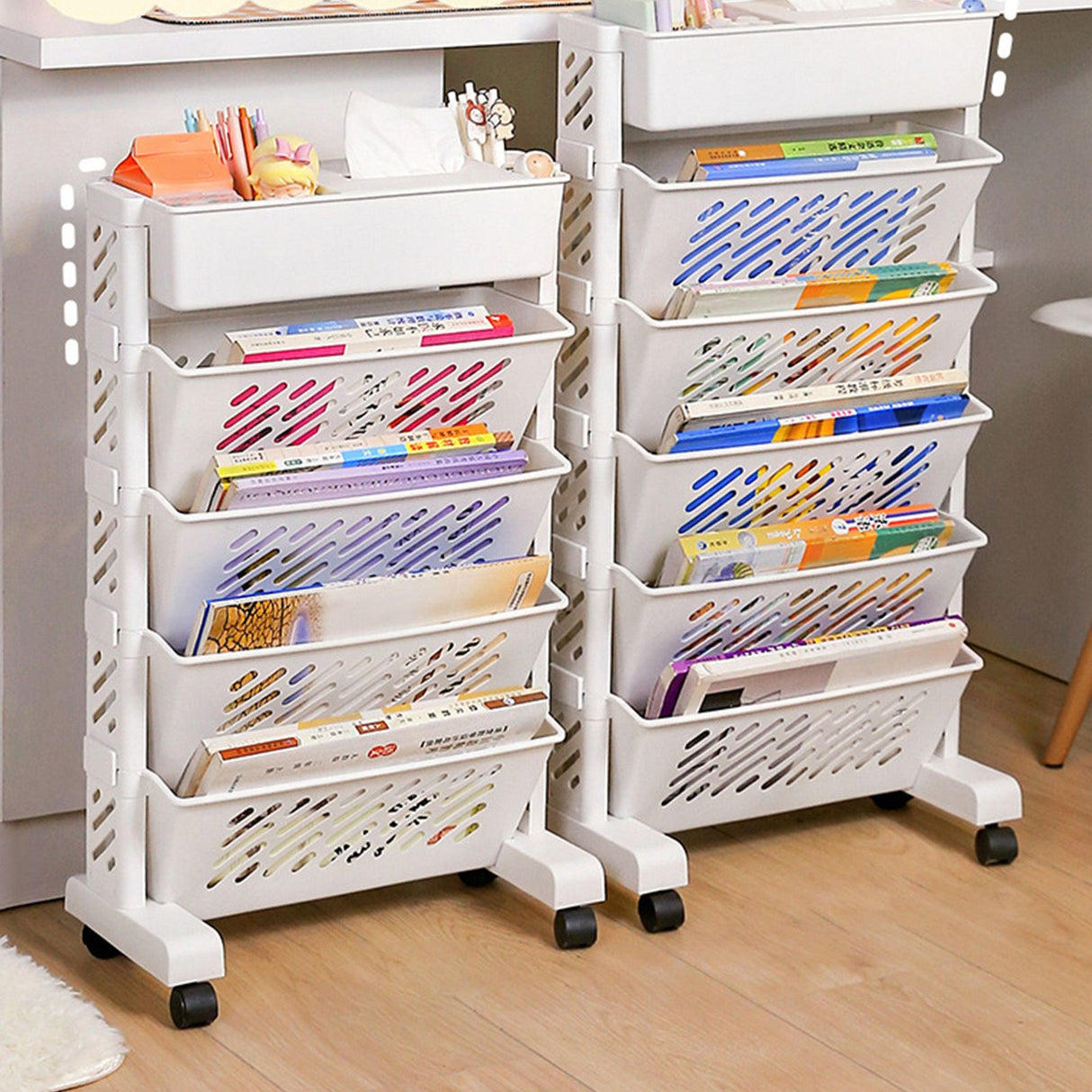 Movable Bookshelf Large Capacity Rotatable Removable Plastic Practical Rolling Organization Shelf 6 Layer