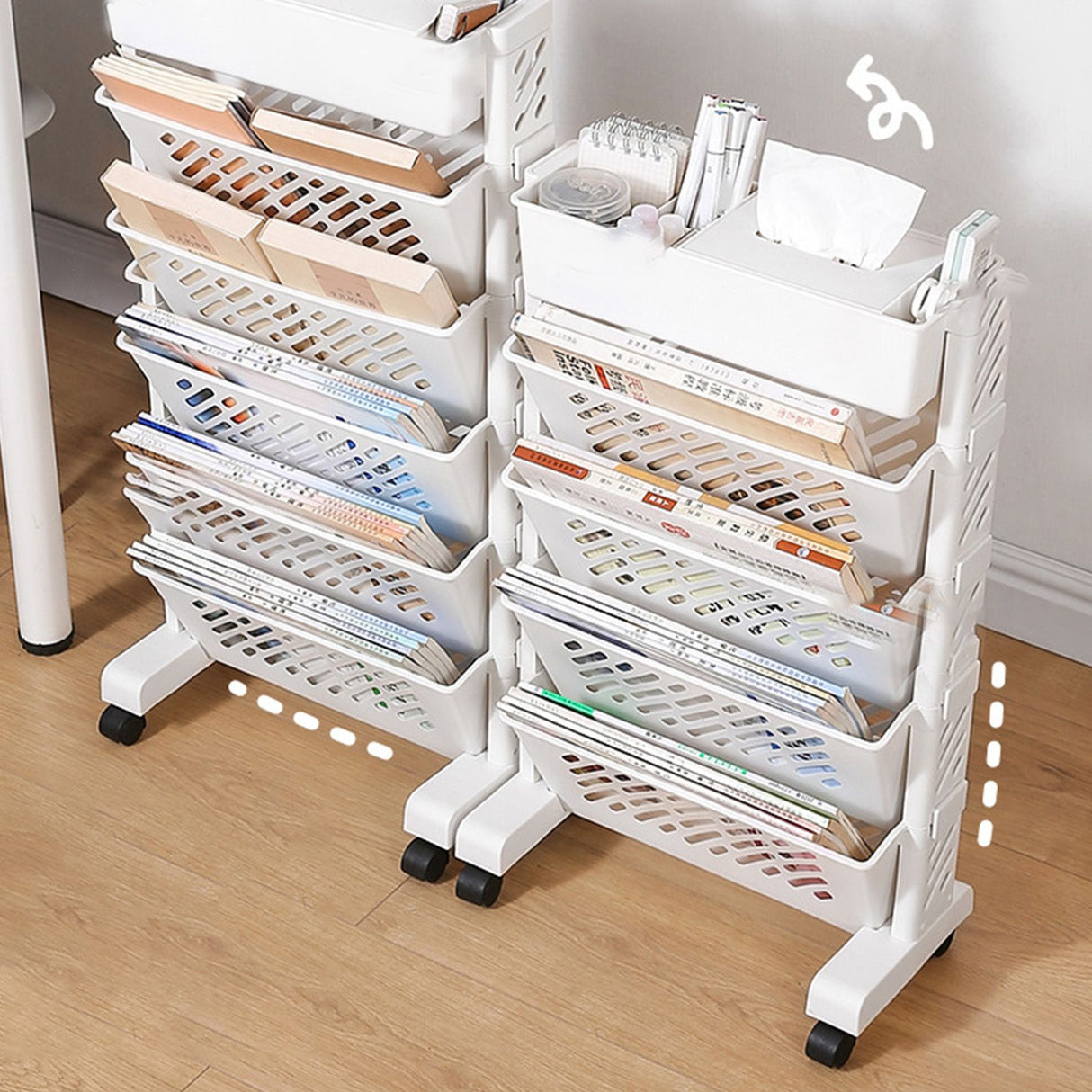 Movable Bookshelf Large Capacity Rotatable Removable Plastic Practical Rolling Organization Shelf 6 Layer