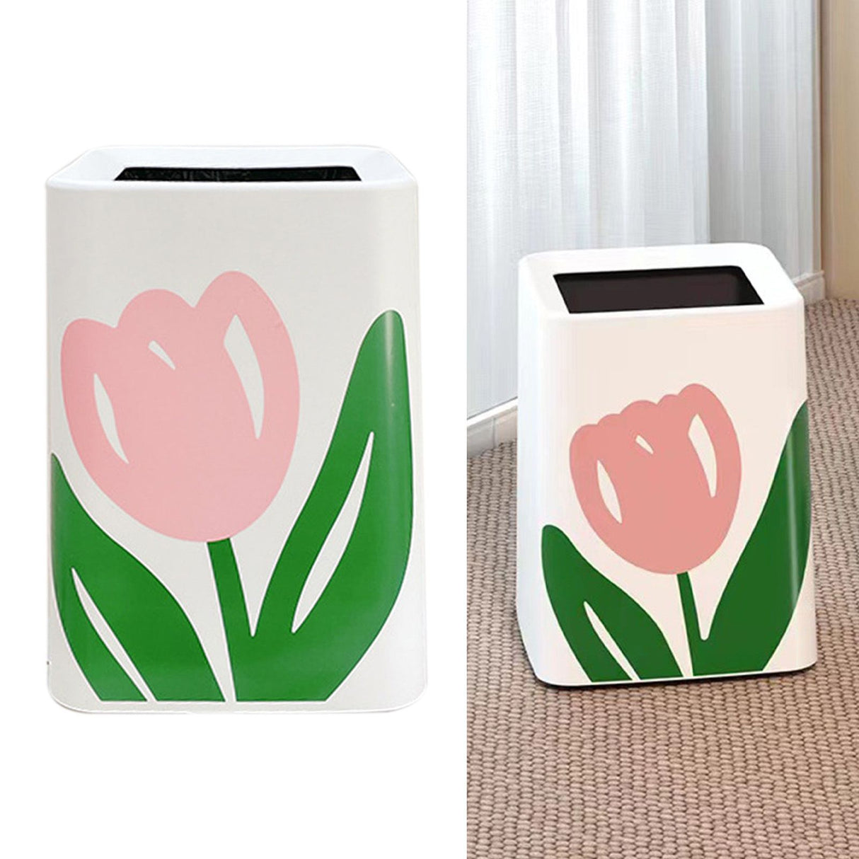 Floral Trash Can Large Mouth Cute Appearance Modern Style Garbage Waste Basket for Kitchen Bathroom Bedroom Square Large Size