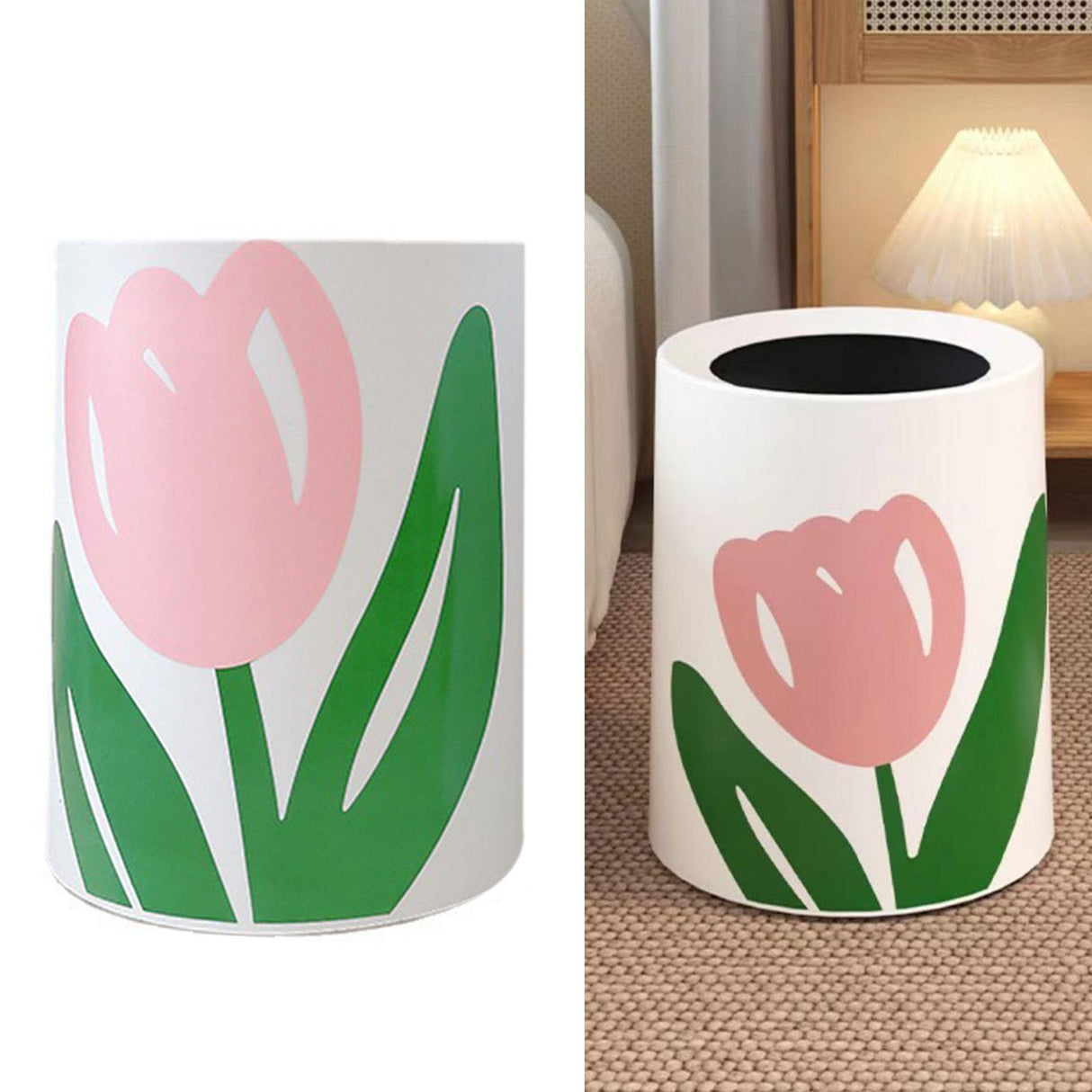 Floral Trash Can Large Mouth Cute Appearance Modern Style Garbage Waste Basket for Kitchen Bathroom Bedroom Round Small Size