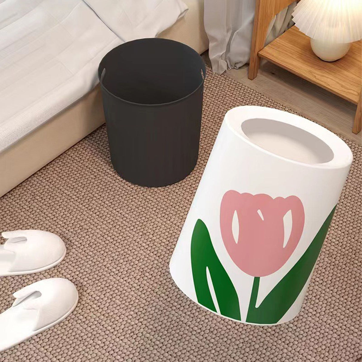 Floral Trash Can Large Mouth Cute Appearance Modern Style Garbage Waste Basket for Kitchen Bathroom Bedroom Round Small Size