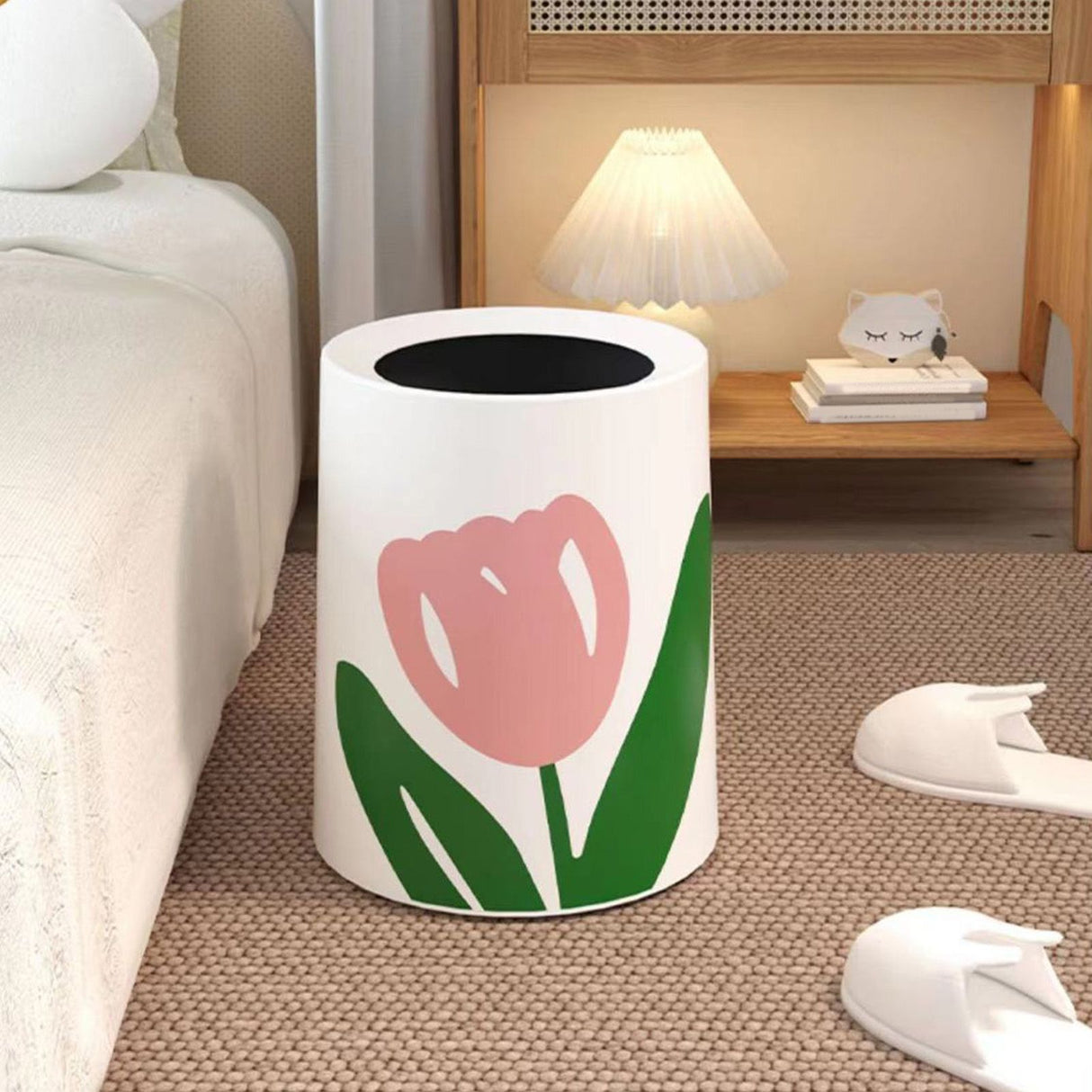 Floral Trash Can Large Mouth Cute Appearance Modern Style Garbage Waste Basket for Kitchen Bathroom Bedroom Round Small Size