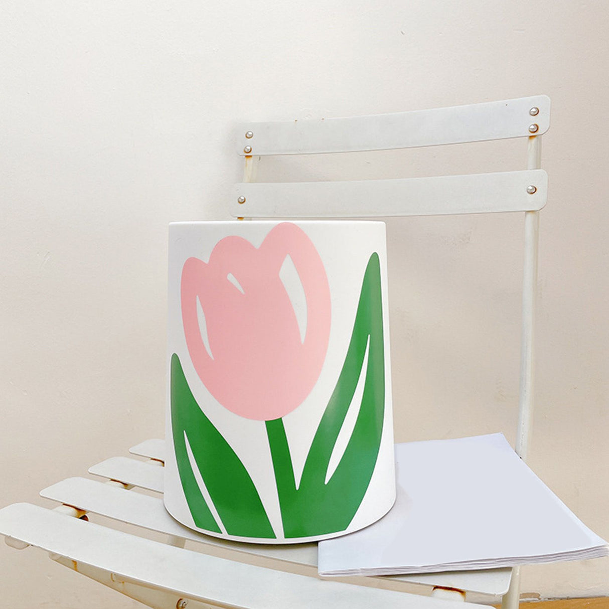 Floral Trash Can Large Mouth Cute Appearance Modern Style Garbage Waste Basket for Kitchen Bathroom Bedroom Round Small Size