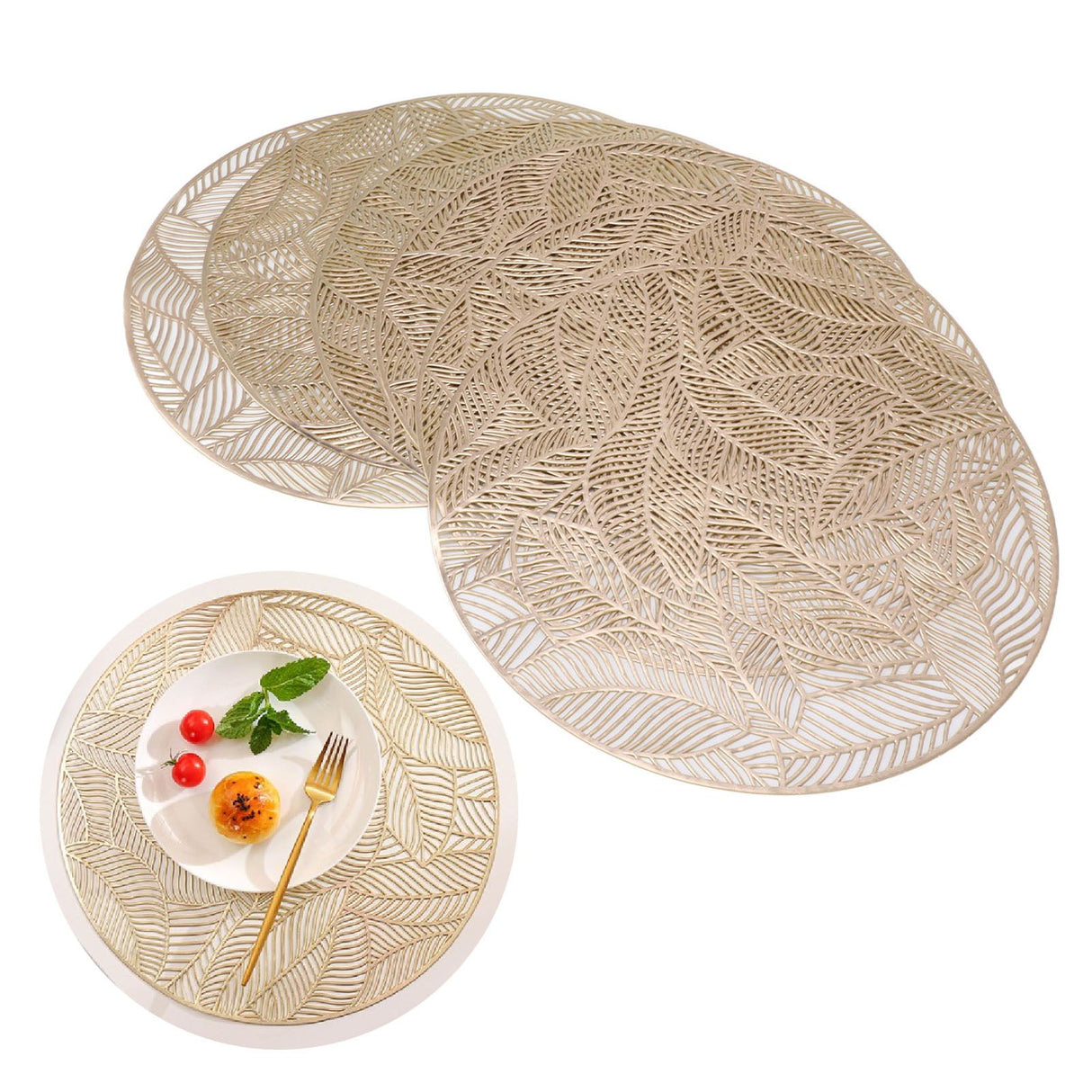 6 Pcs Round Placemat Gold Hollowed Eco Friendly PVC Heat Resistant 38cm Dining Table Mat