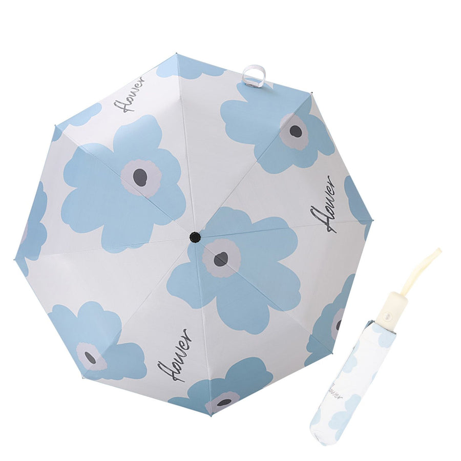 Flower Pattern Folding Umbrella UV Protection Foldable Rain Shine Dual Use Sun Umbrella for Travelling Sky Blue