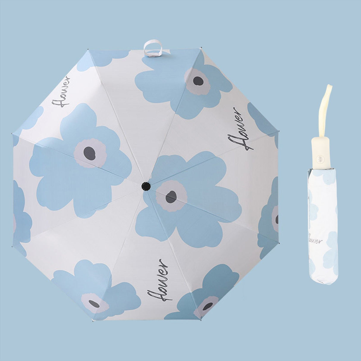 Flower Pattern Folding Umbrella UV Protection Foldable Rain Shine Dual Use Sun Umbrella for Travelling Sky Blue