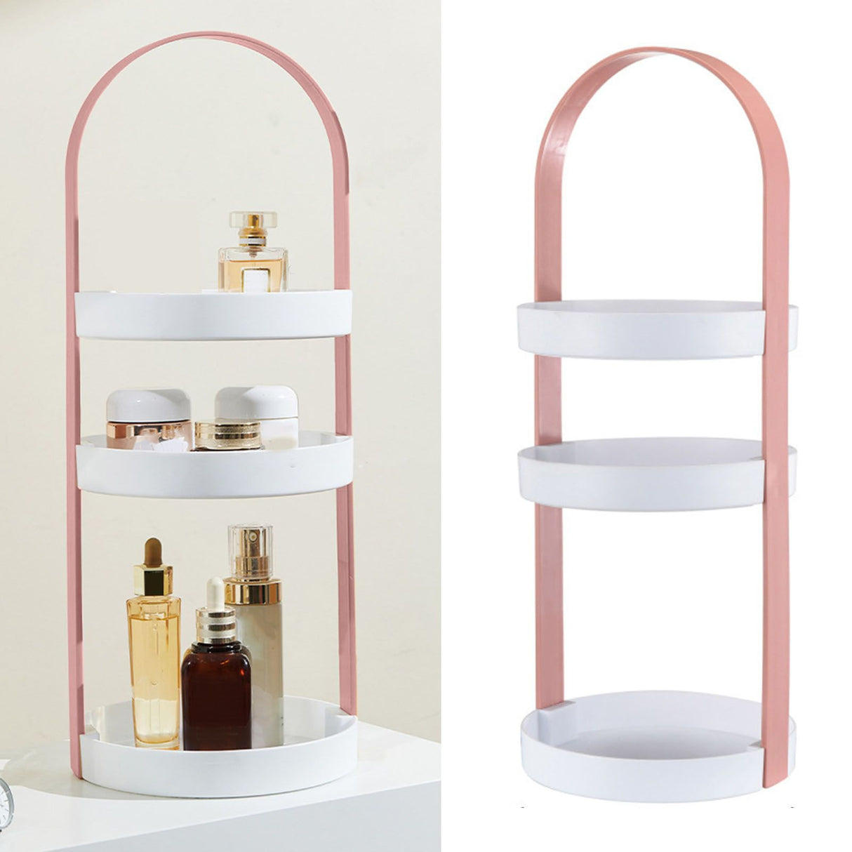 3 Layers Round Storage Rack Integral Handle 3 Layer Storage Round Stand for Bathroom Pink