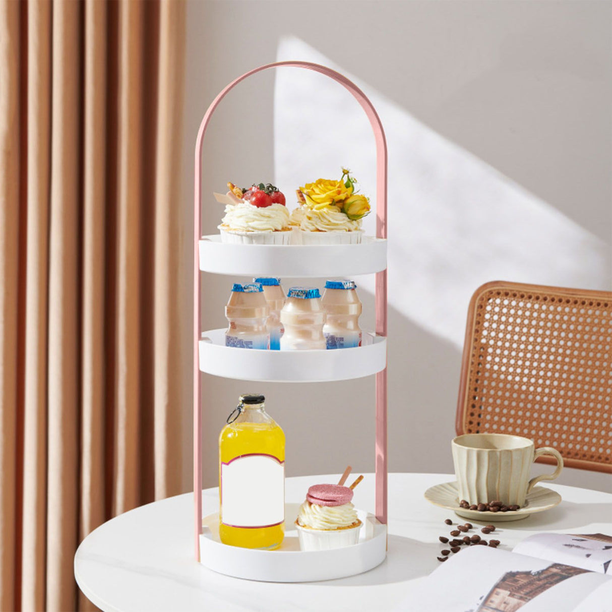 3 Layers Round Storage Rack Integral Handle 3 Layer Storage Round Stand for Bathroom Pink