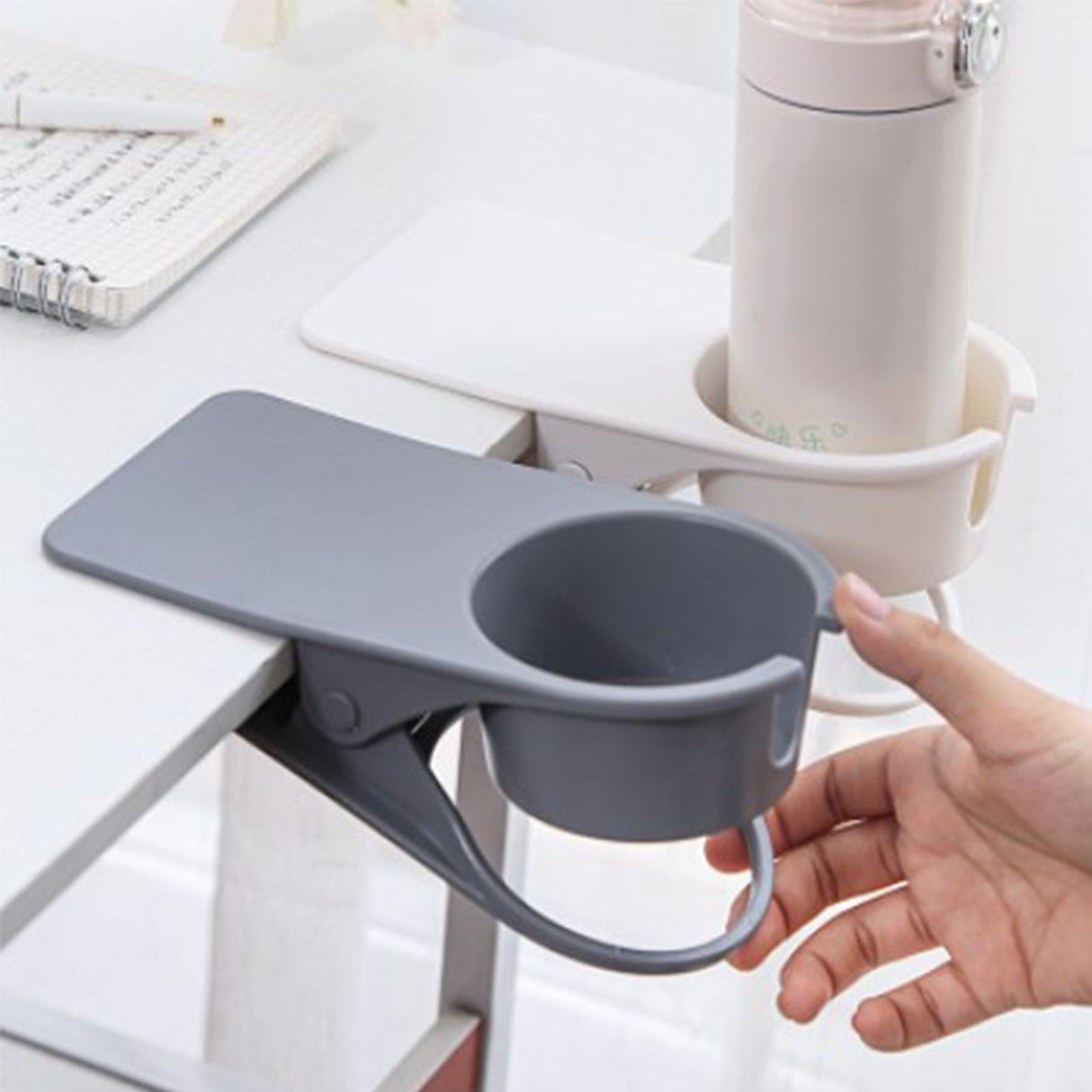 Desk Cup Holder Clip Space Saving Large Multifunctional Table Clamp Mug Stand for Beverage Bottle White