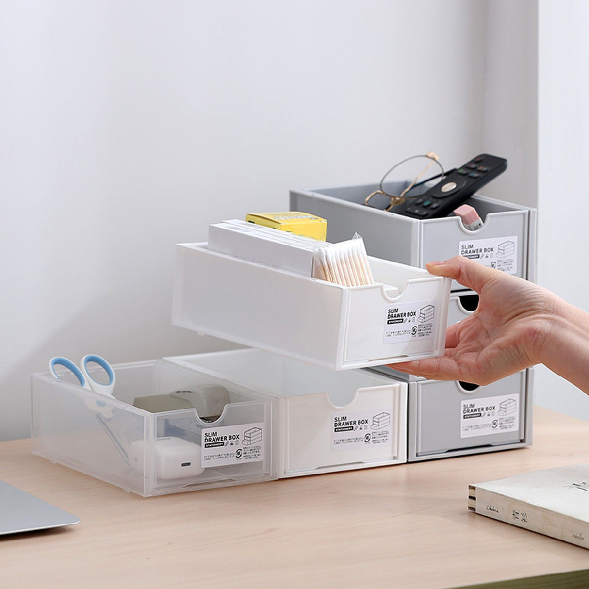 Desktop Storage Box Plastic Desk Makeup Organizer Stationery Supplies Storage Box with Drawer White