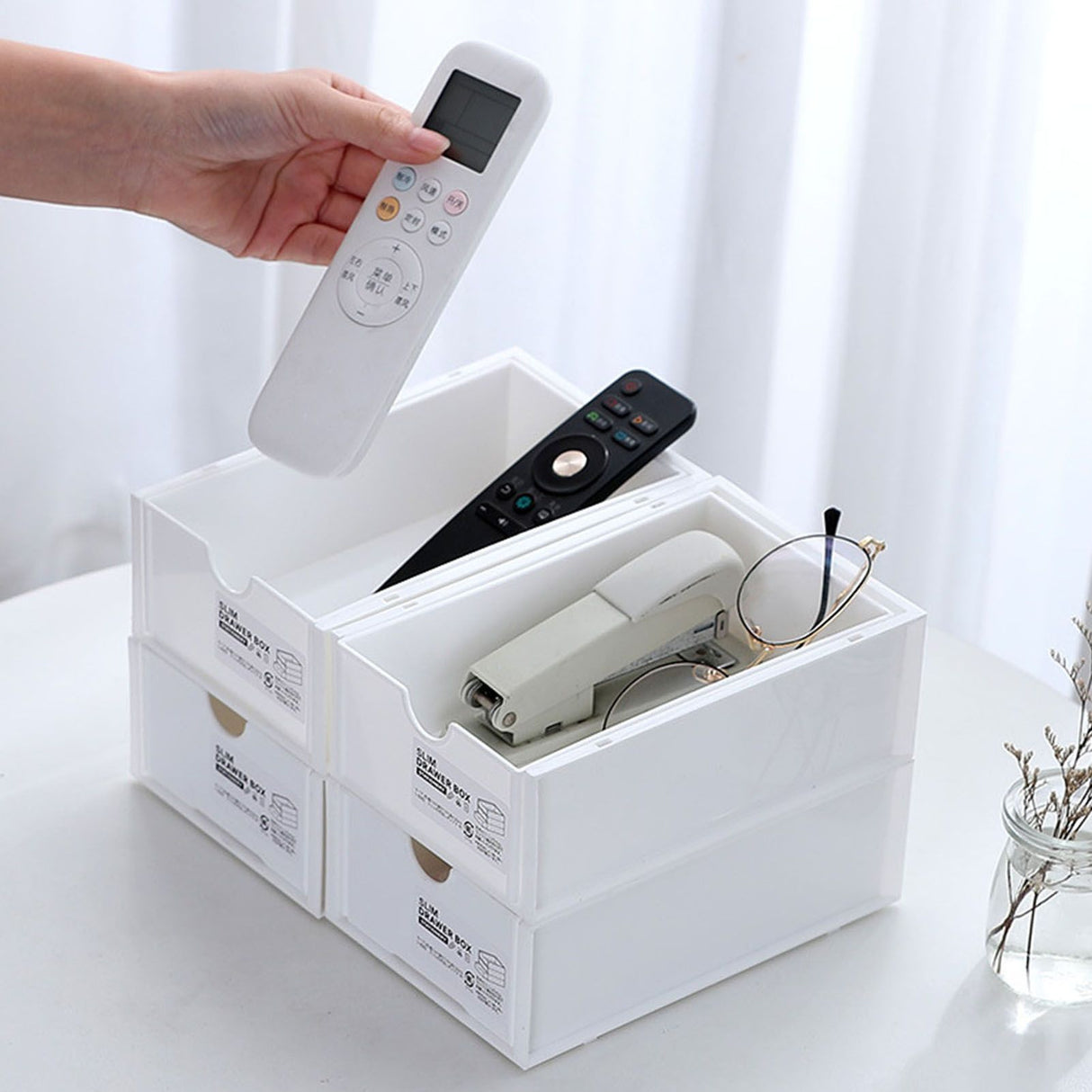 Desktop Storage Box Plastic Desk Makeup Organizer Stationery Supplies Storage Box with Drawer White