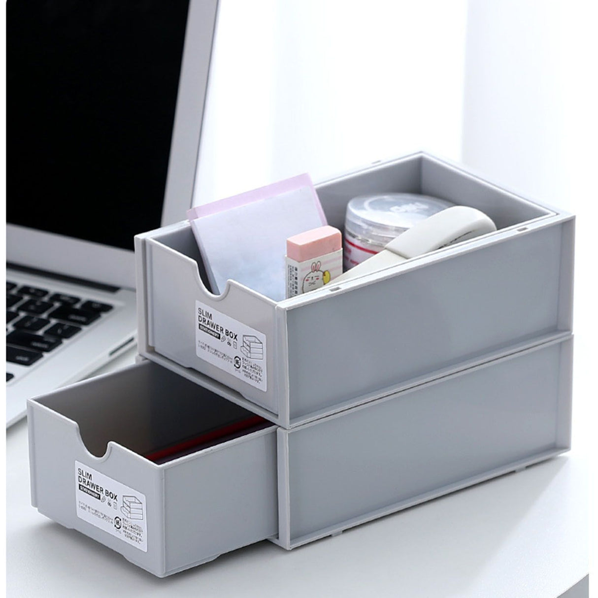 Desktop Storage Box Plastic Desk Makeup Organizer Stationery Supplies Storage Box with Drawer Grey