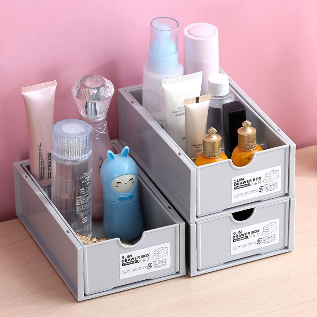 Desktop Storage Box Plastic Desk Makeup Organizer Stationery Supplies Storage Box with Drawer Grey