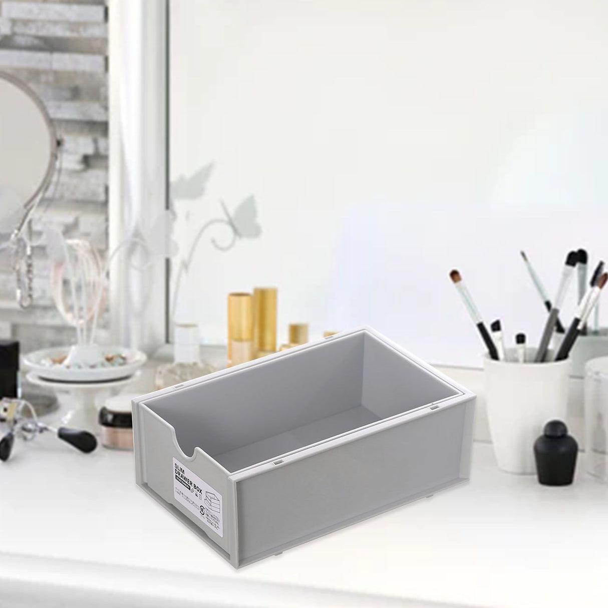 Desktop Storage Box Plastic Desk Makeup Organizer Stationery Supplies Storage Box with Drawer Grey