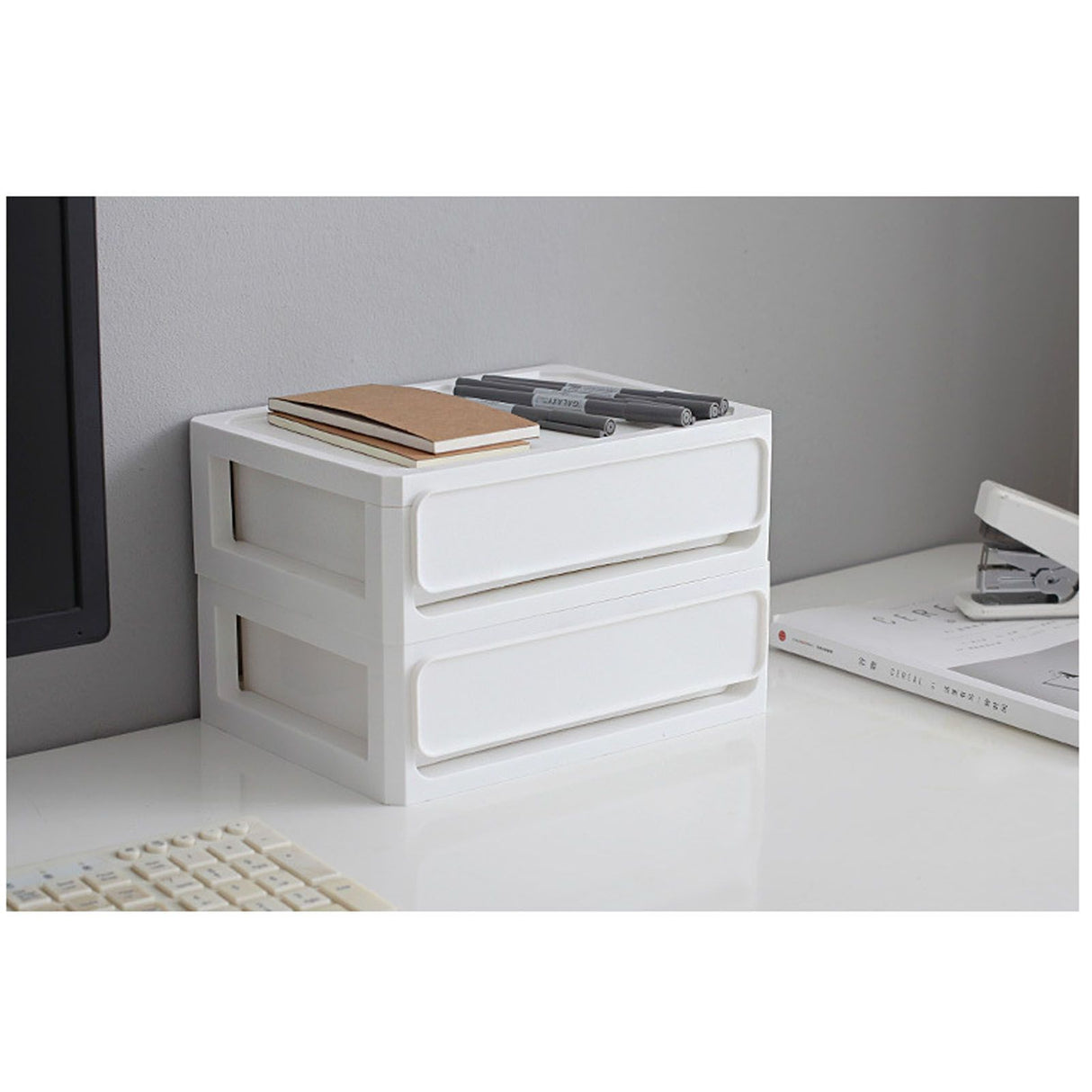 Storage Drawer Multi Layers Stackable Dustproof Desktop Storage Box Organizer for Student Dormitory Home Cosmetics 2 Layers White