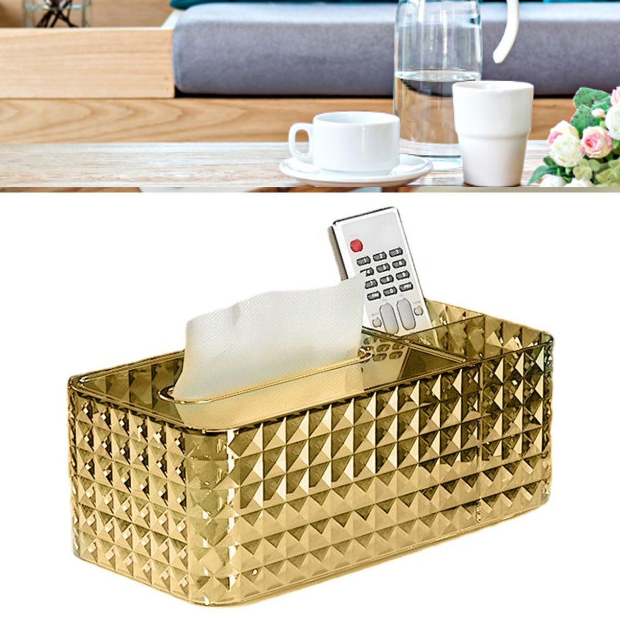 Tissue Storage Box Rhombus Texture Side Partition Towel Napkin Container Case Transparent Gold