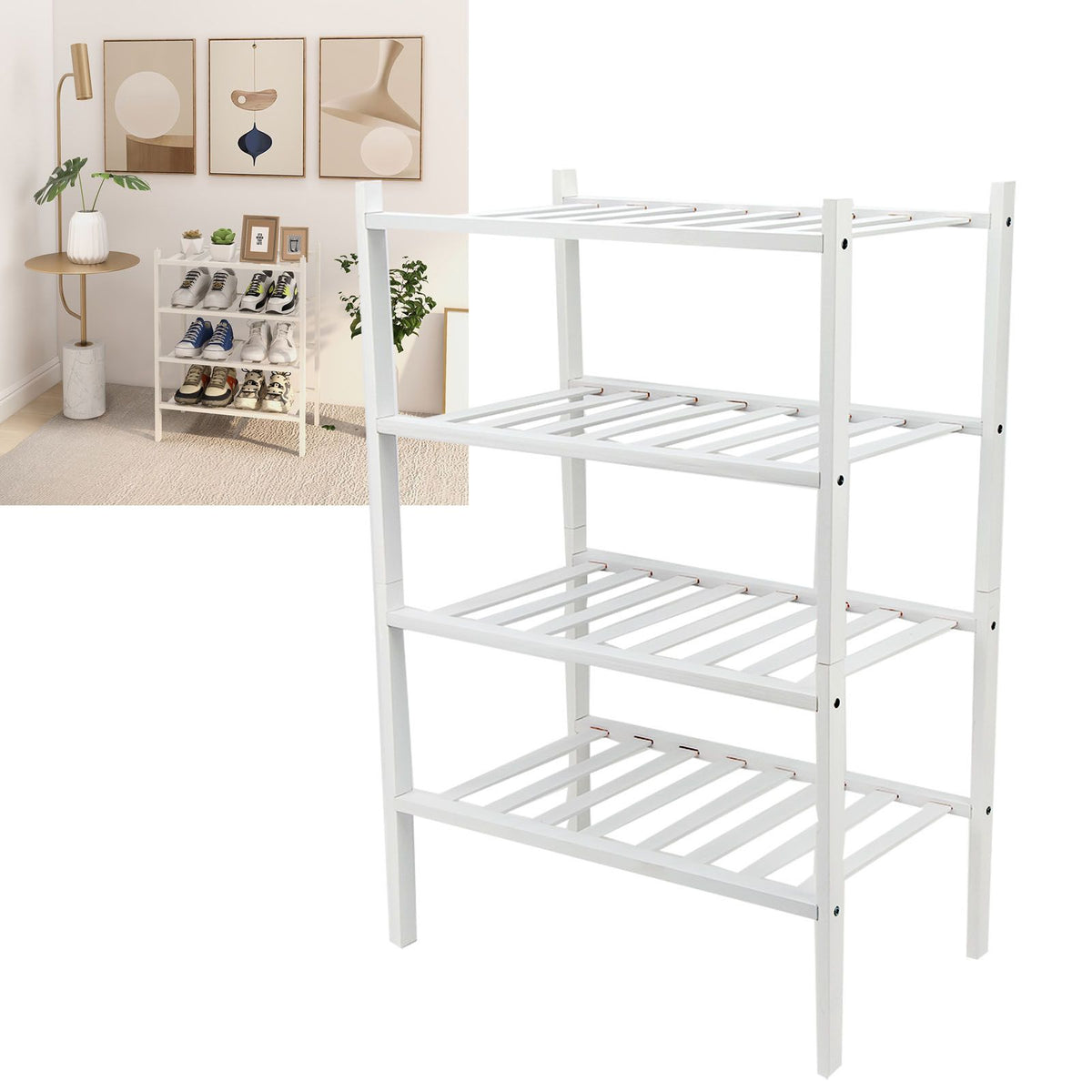 4 Tier Shoe Rack White Stackable Shoes Rack Organizer Multifunctional Bamboo Shoe Rack for Home Hotel Dorm