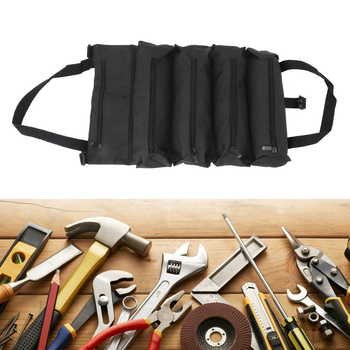 Roll Up Tool Bag 5 Zipper Pockets Portable Oxford Cloth Electricians Tool Bag for Carpenter Plumber Black