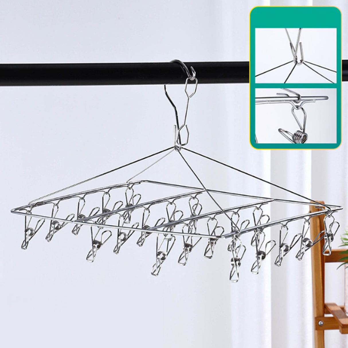Clothes Drying Hanger Stainless Steel Multi Clip Laundry Drip Hanging Rack for Underwear Socks Hat No Loop Square