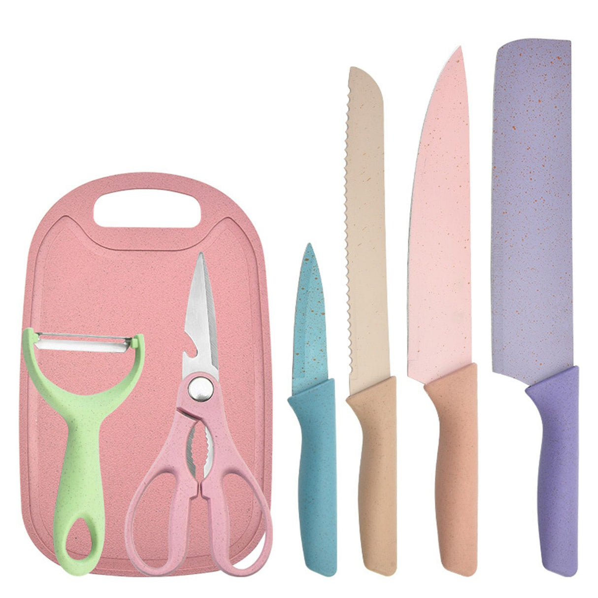 7 PCS Wheat Straw Knife Set Chef Knife Bread Knife Peeling Knife Scissors Peeler Cutter Kit with Chopping Board