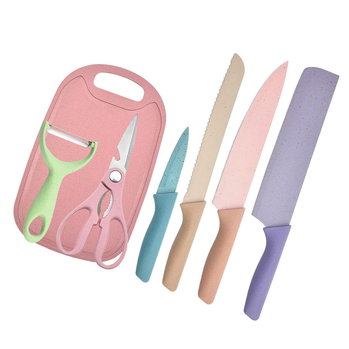 7 PCS Wheat Straw Knife Set Chef Knife Bread Knife Peeling Knife Scissors Peeler Cutter Kit with Chopping Board