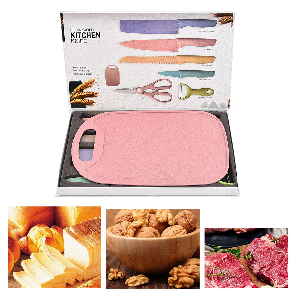7 PCS Wheat Straw Knife Set Chef Knife Bread Knife Peeling Knife Scissors Peeler Cutter Kit with Chopping Board