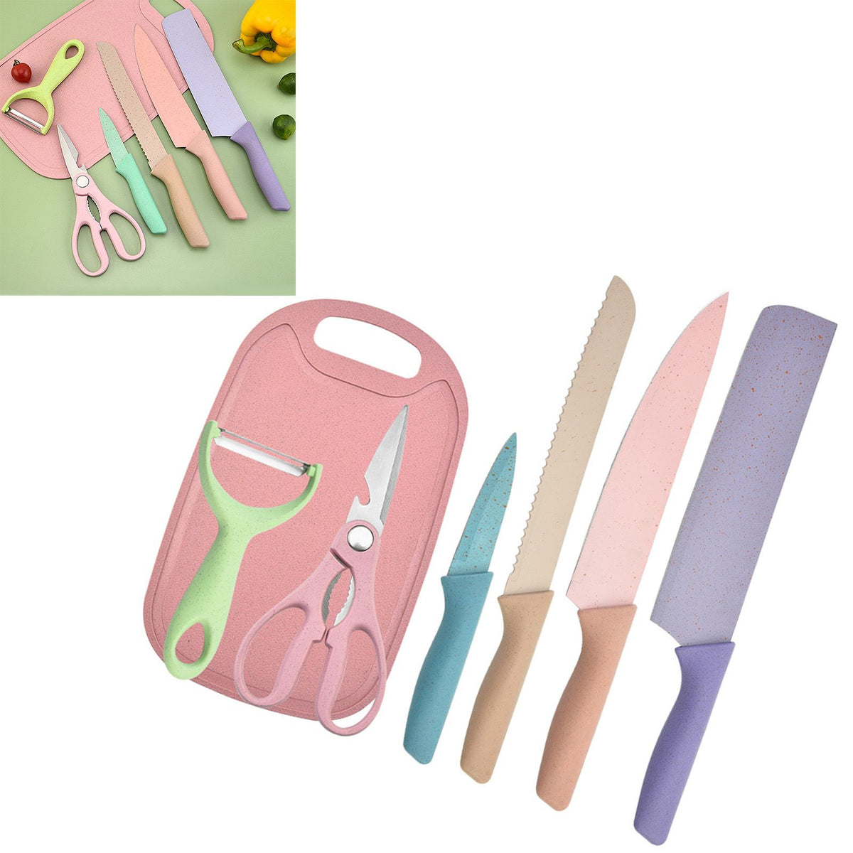 7 PCS Wheat Straw Knife Set Chef Knife Bread Knife Peeling Knife Scissors Peeler Cutter Kit with Chopping Board