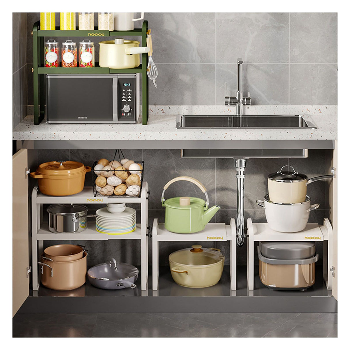 Tabletop Kitchen Storage Rack White Plastic Double Layers Telescopic Kitchen Shelf Organizer for Home Stove Basin 8512 1