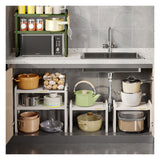Tabletop Kitchen Storage Rack White Plastic Double Layers Telescopic Kitchen Shelf Organizer for Home Stove Basin 8512 1 - Side View