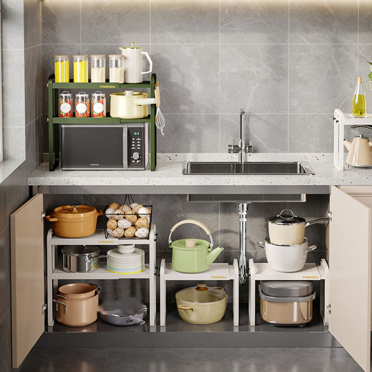 Tabletop Kitchen Storage Rack White Plastic Double Layers Telescopic Kitchen Shelf Organizer for Home Stove Basin 8512 1