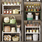 Tabletop Kitchen Storage Rack White Plastic Double Layers Telescopic Kitchen Shelf Organizer for Home Stove Basin 8512 1 - Rear View