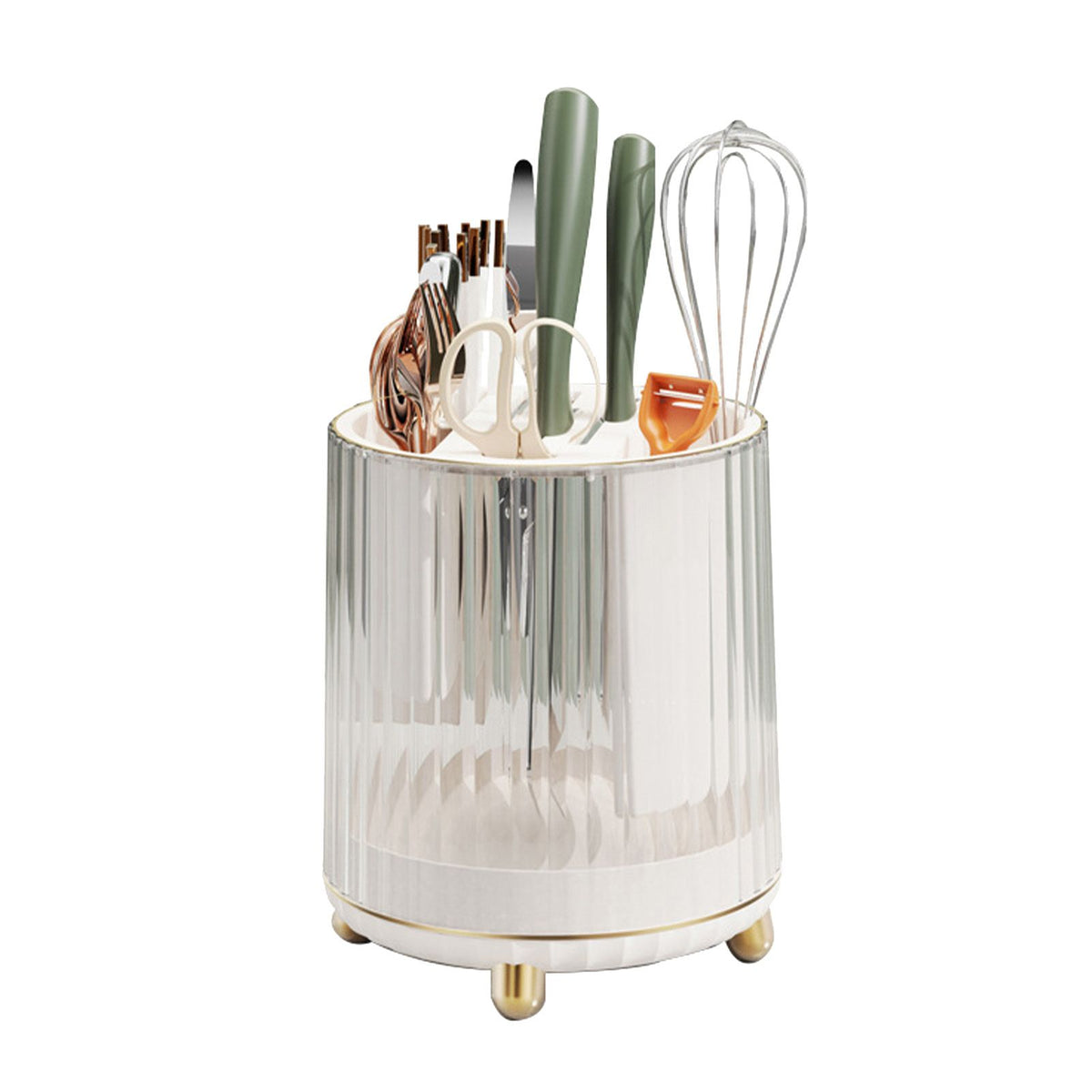 Kitchen Knife Utensil Holder Rotating Knife Block Holder with Scissors Slot Multifunctional Countertop Utensil Organizer White