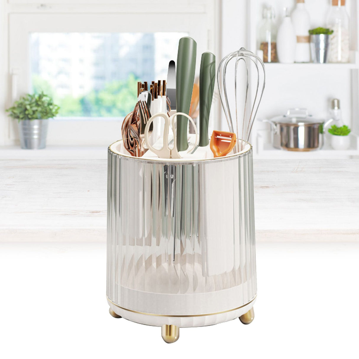 Kitchen Knife Utensil Holder Rotating Knife Block Holder with Scissors Slot Multifunctional Countertop Utensil Organizer White