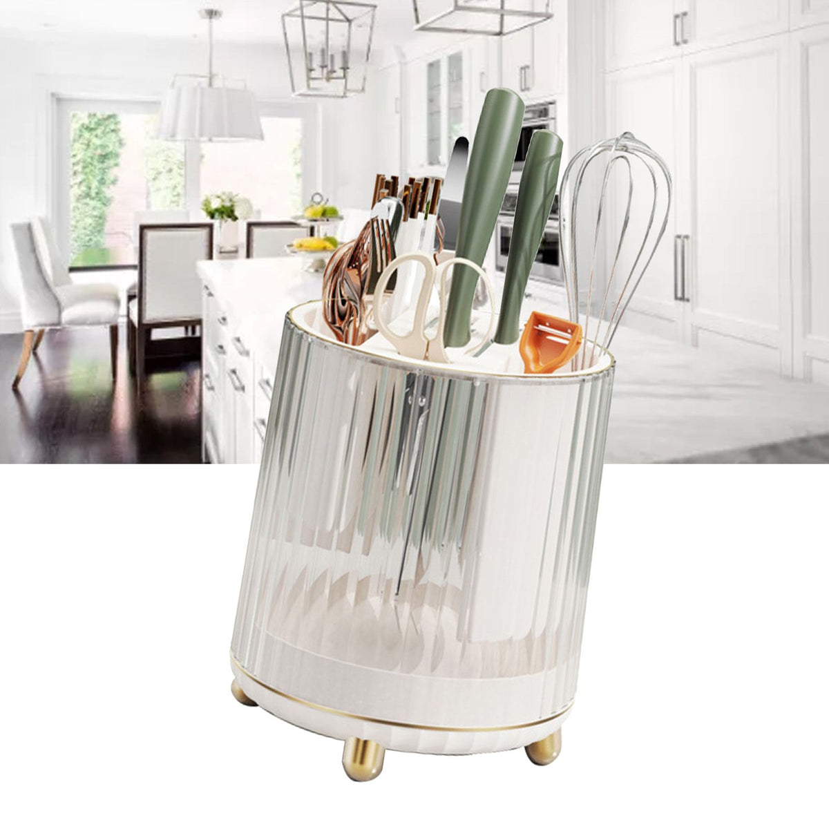 Kitchen Knife Utensil Holder Rotating Knife Block Holder with Scissors Slot Multifunctional Countertop Utensil Organizer White