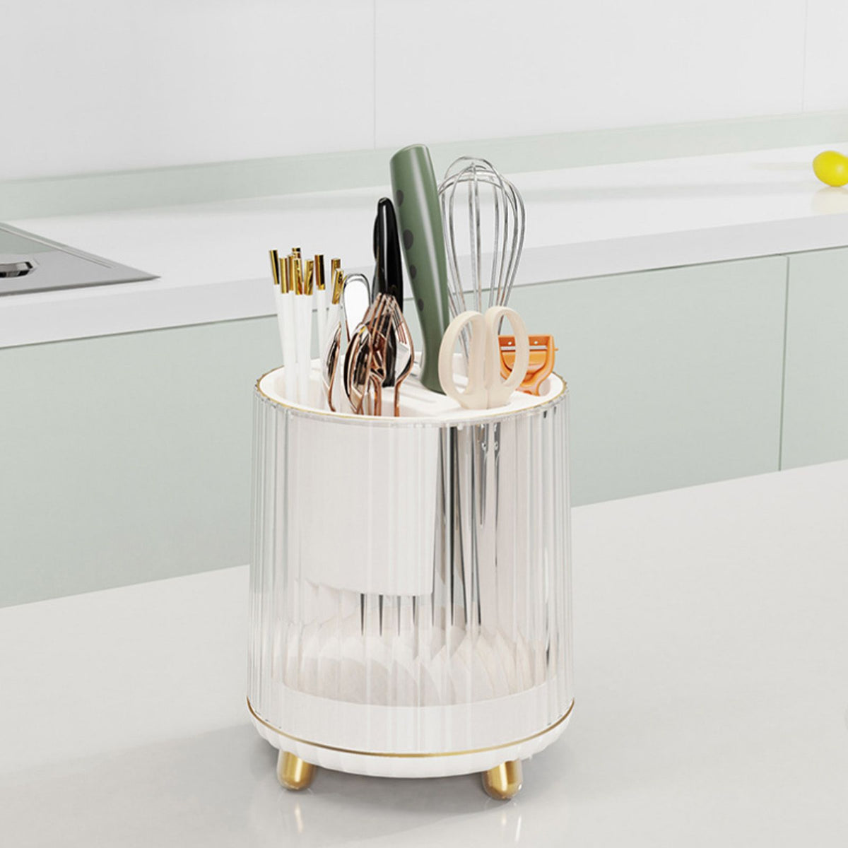 Kitchen Knife Utensil Holder Rotating Knife Block Holder with Scissors Slot Multifunctional Countertop Utensil Organizer White
