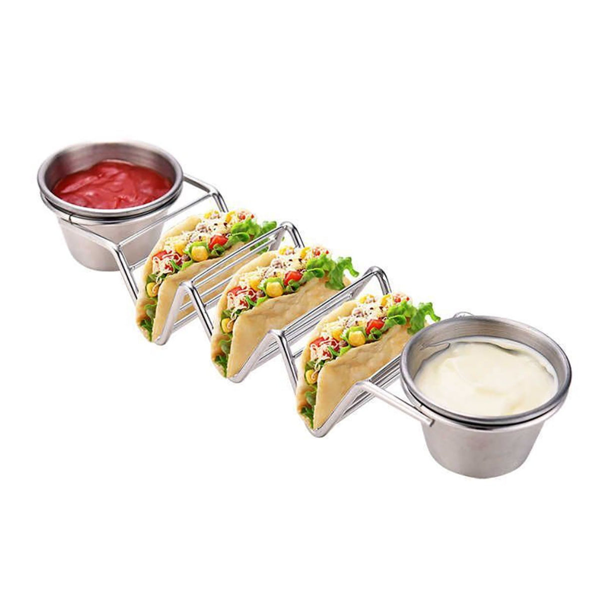 Taco Stand Stainless Steel 3 Grid V Shaped Glossy Taco Holder Rack for Kitchen Home with Double Side Sauce Cups