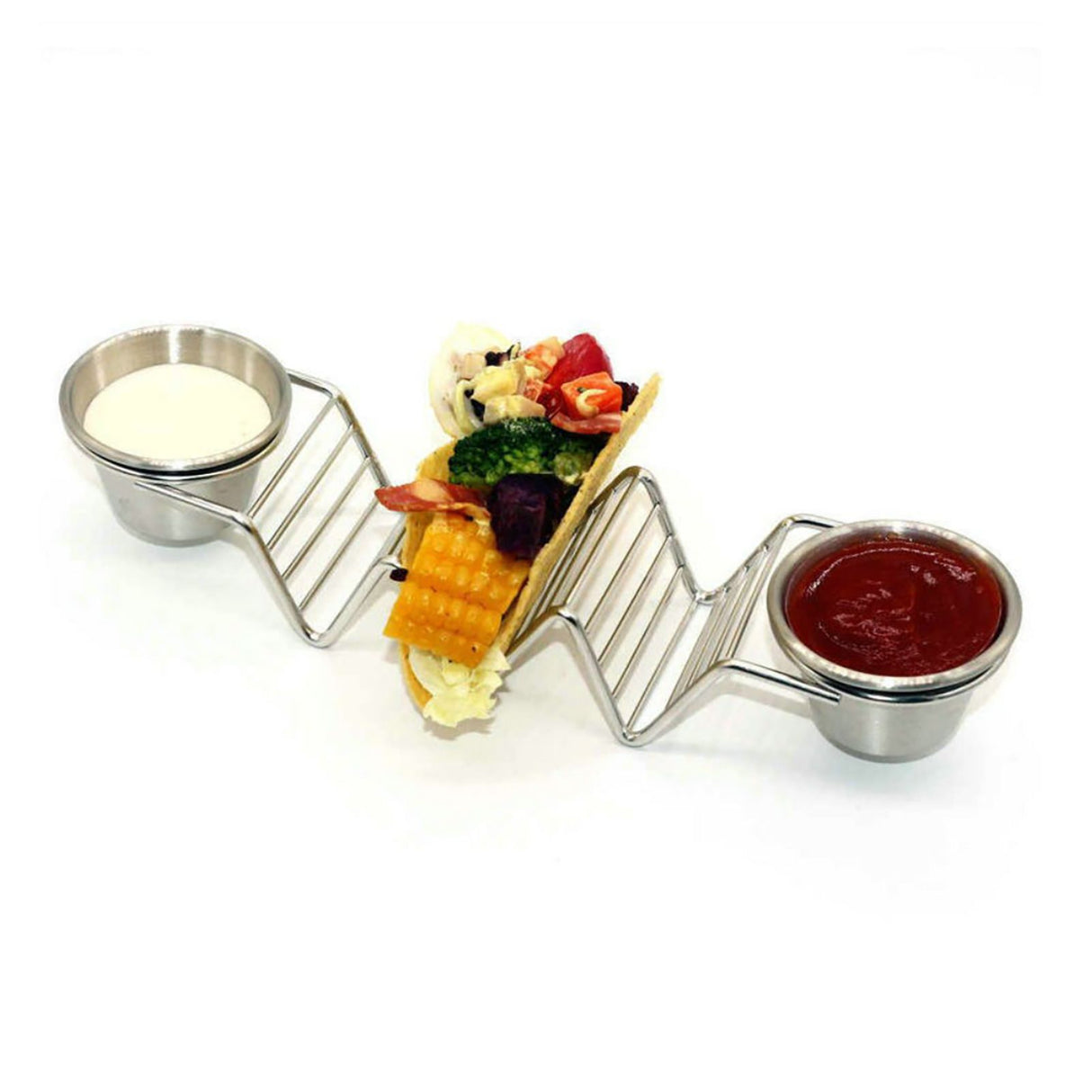 Taco Stand Stainless Steel 3 Grid V Shaped Glossy Taco Holder Rack for Kitchen Home with Double Side Sauce Cups