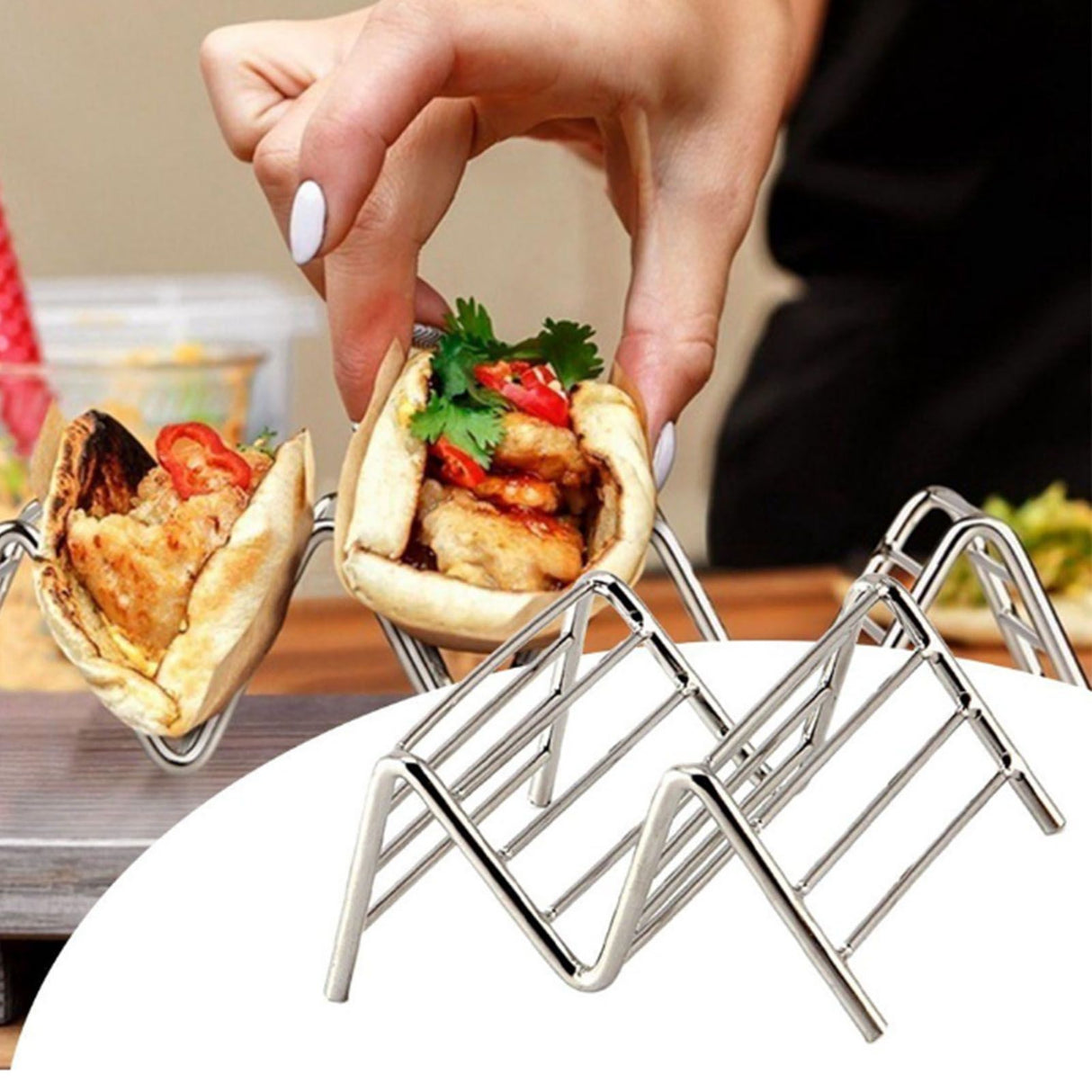 Stainless Steel V Shaped Taco Holder Corn Roll Spring Roll Taco Stand Home Pancake Food Rack 1‑2 Grids 6.3x9.5x4.5cm/2.5x3.7x1.8in
