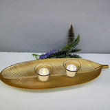 Fruit Plate Golden Style Leaf Shape Brushed Appearance Compact Density Board Serving Dessert Plate for Home S - Extra Image