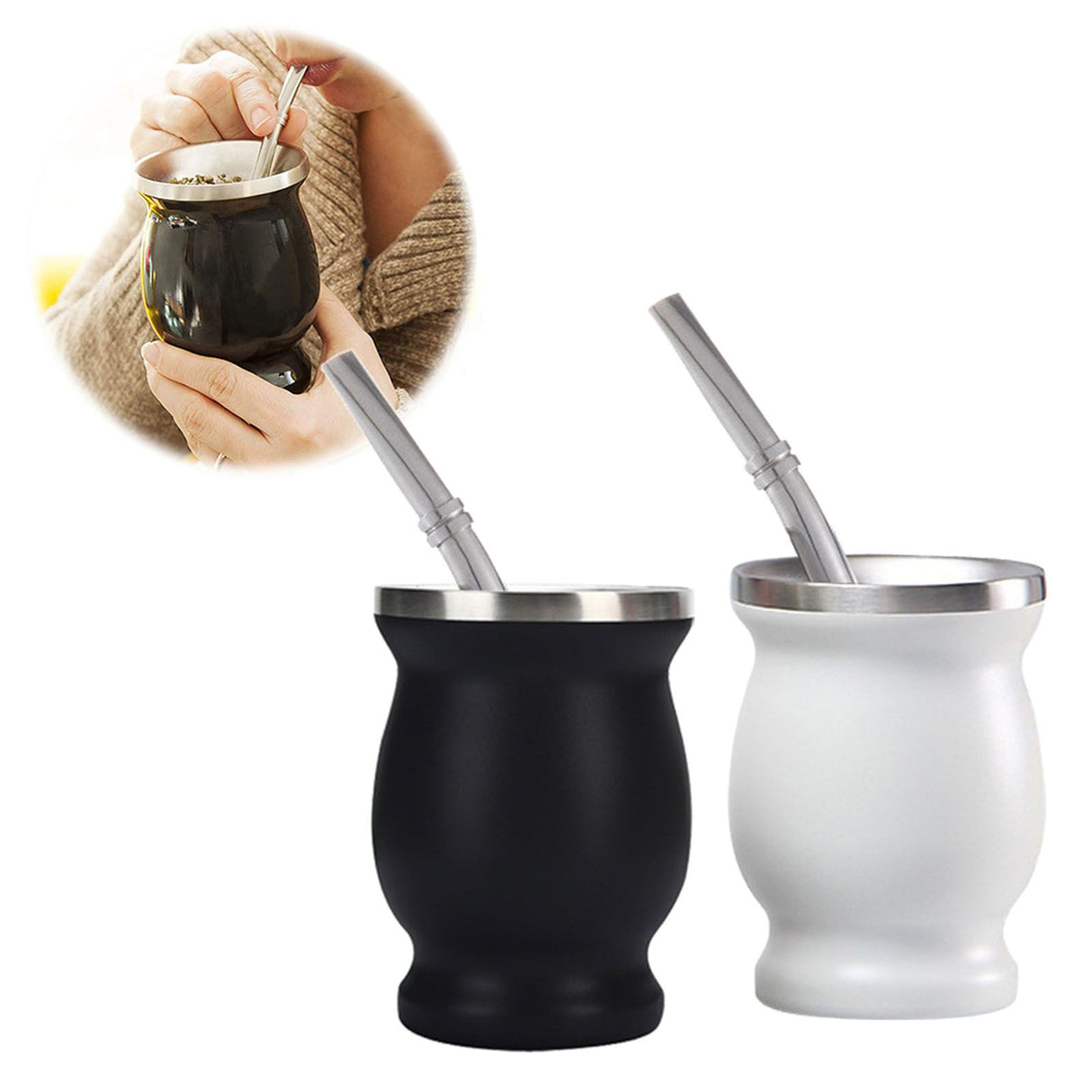 8oz 304 Stainless Steel Gourd Cup Double Layers Vacuum Insulation Cup with Straw Brush Black