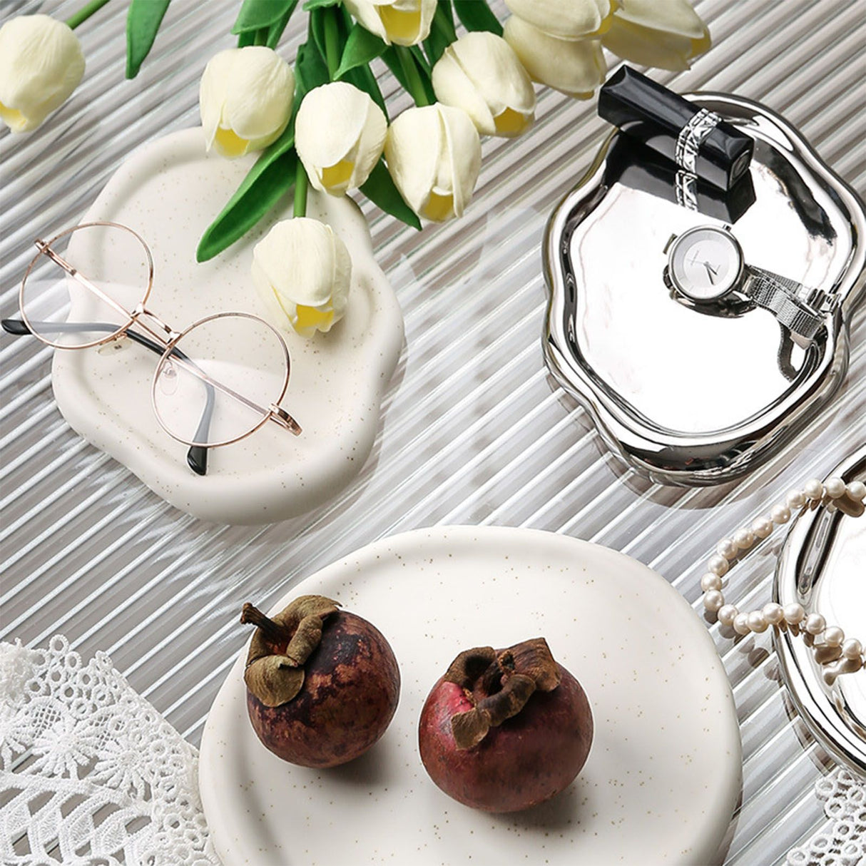 Jewelry Plate Ceramic Glossy Appearance Simple Modern Stylish Storage Tray for Home Gift White Round