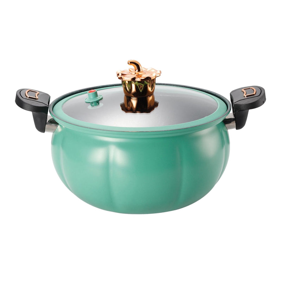 Micro Pressure Cooker Pumpkin Non Stick Multifunctional Soup Pot Gas Stove Universal Kitchen Tool with Glass Lid Green 28cm