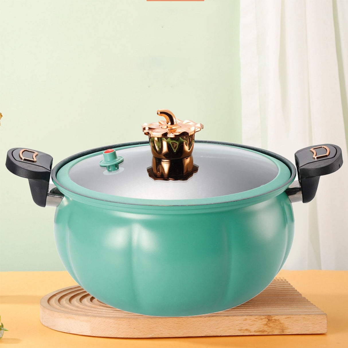 Micro Pressure Cooker Pumpkin Non Stick Multifunctional Soup Pot Gas Stove Universal Kitchen Tool with Glass Lid Green 28cm