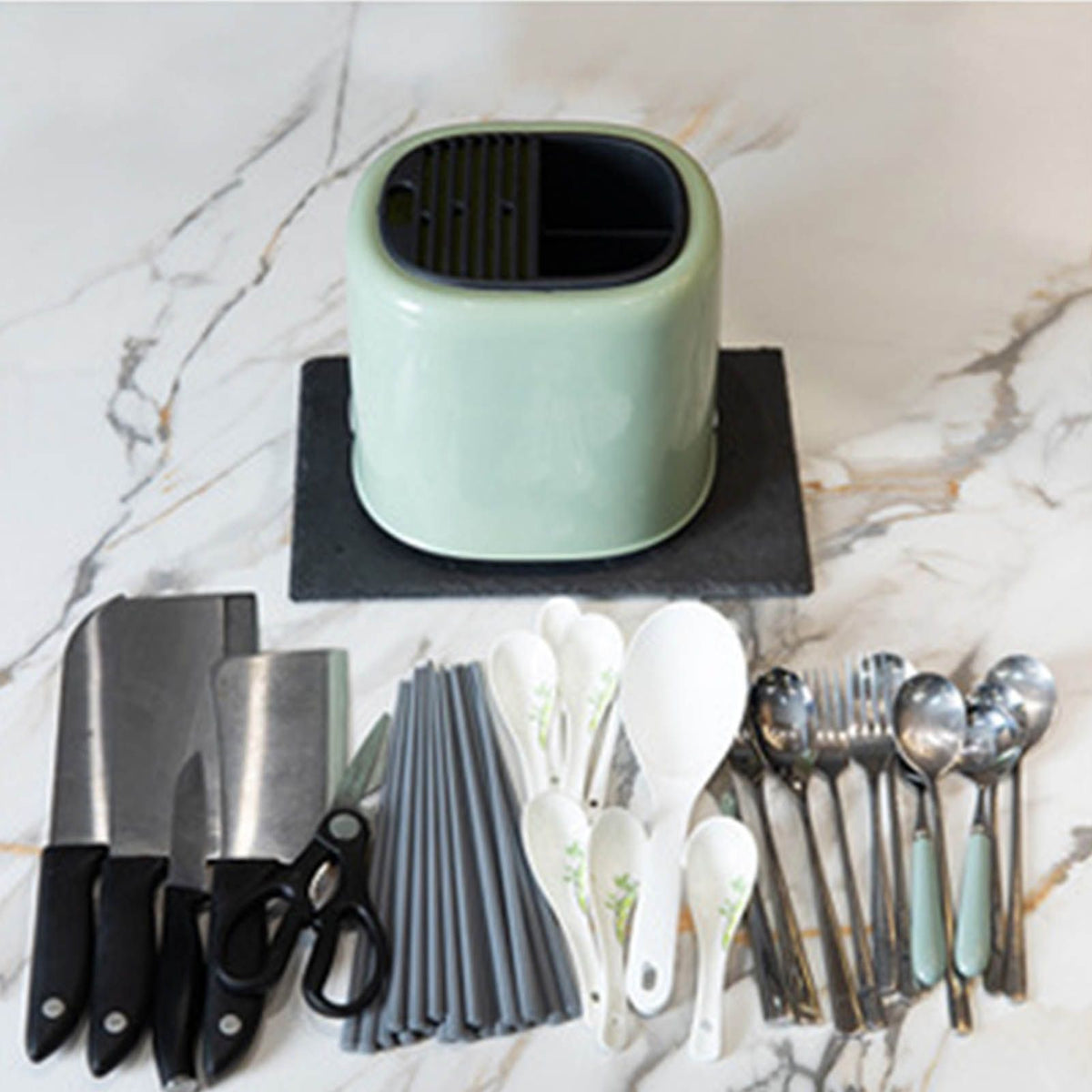 Knife Block Utensil Holder Retro Space Saving Large Capacity 2 In 1 Countertop Utensil Organizer for Kitchen Green