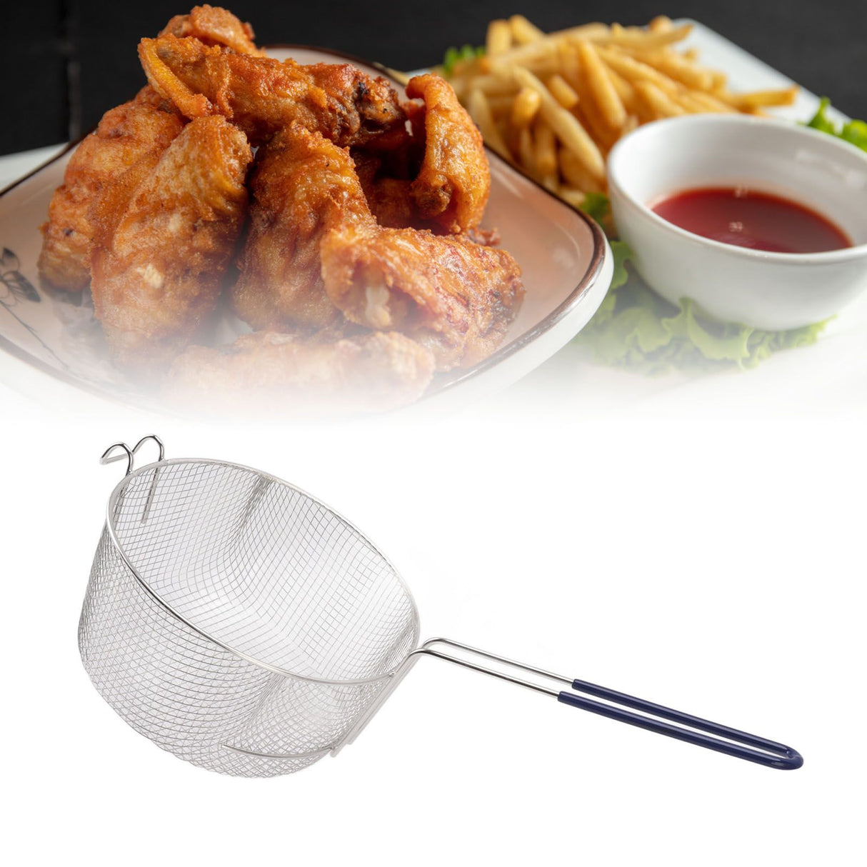 Frying Basket Stainless Steel Long Handle Reusable Rust Resistant Fry Net for Fish Chicken Nuggets Rubber Handle