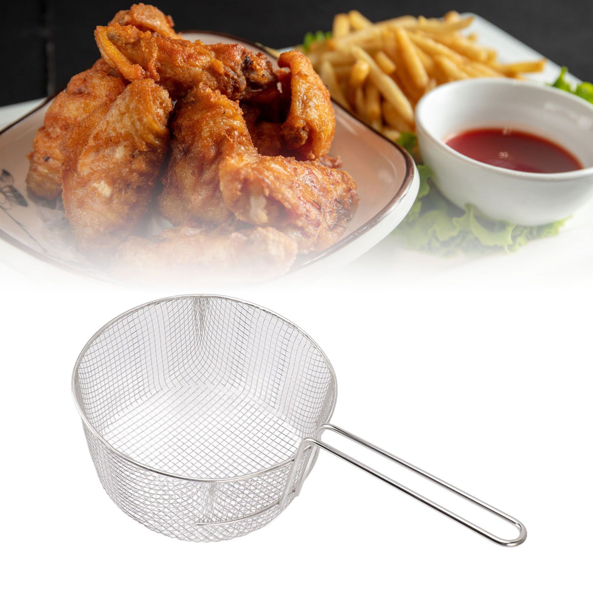 Frying Basket Stainless Steel Long Handle Reusable Rust Resistant Fry Net for Fish Chicken Nuggets Handle Without Rubber