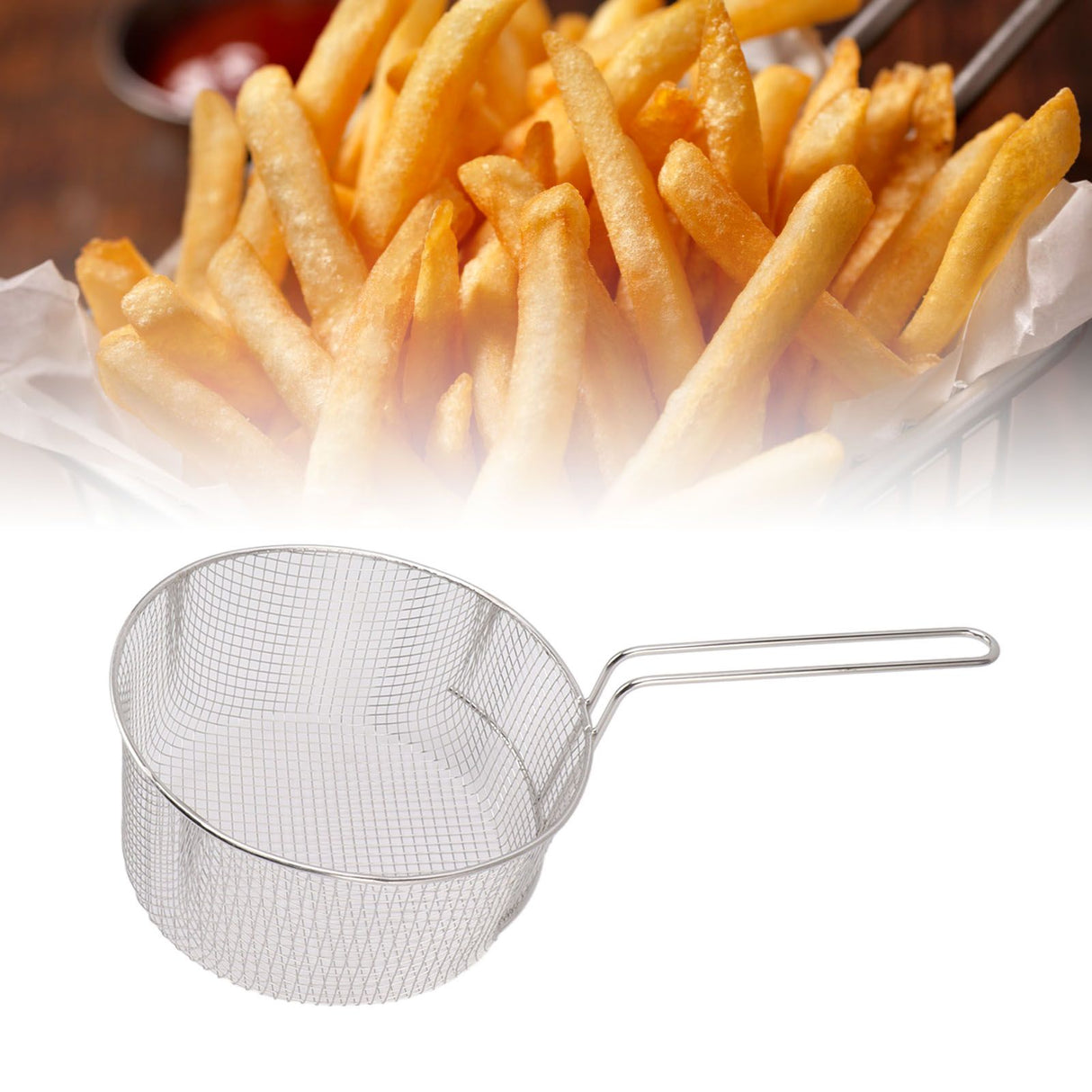 Frying Basket Stainless Steel Long Handle Reusable Rust Resistant Fry Net for Fish Chicken Nuggets Handle Without Rubber