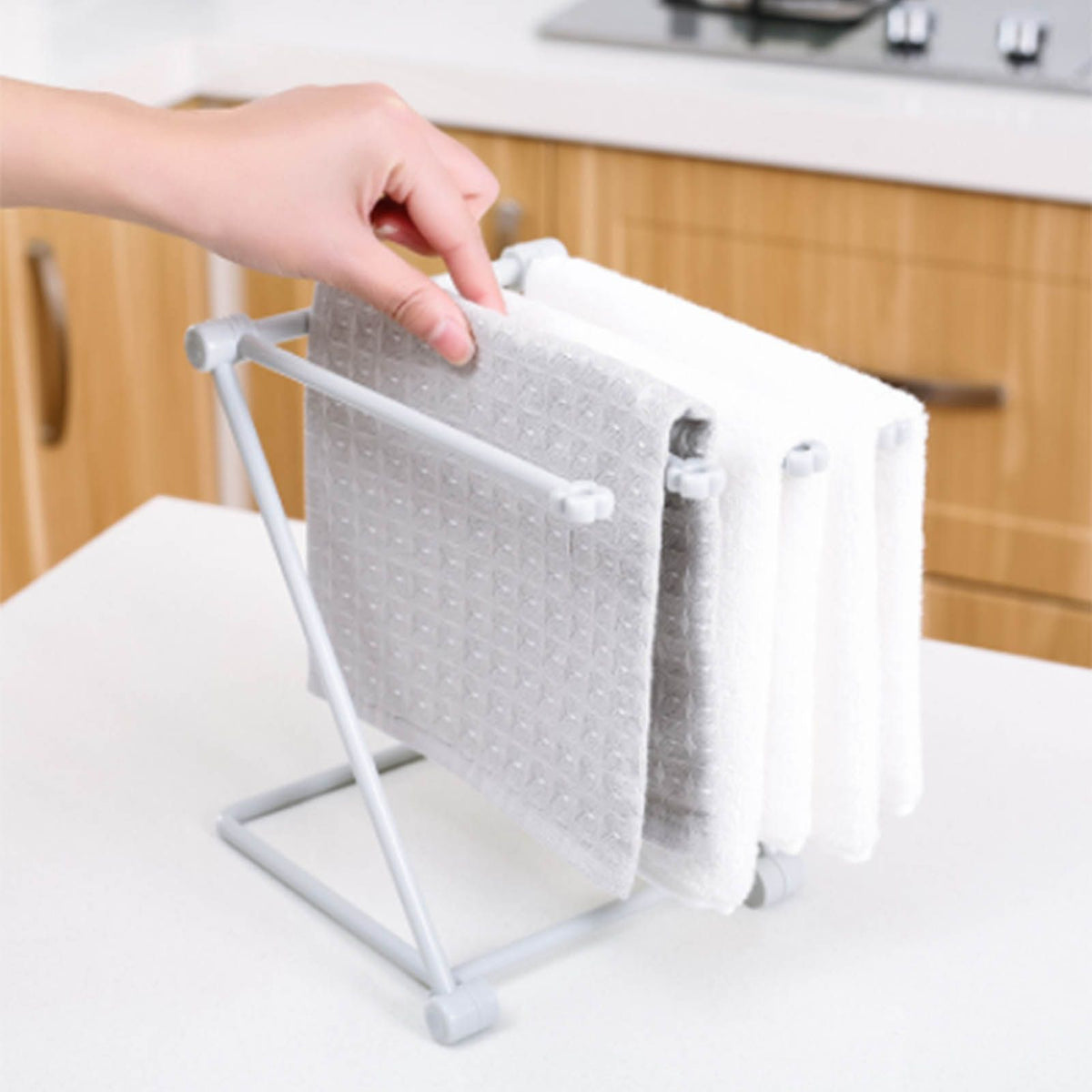 Countertop Dishcloth Drying Rack 4 Arms Folding Vertical Hand Towel Stand Dish Rag Storage Holder for Kitchen Light Gray